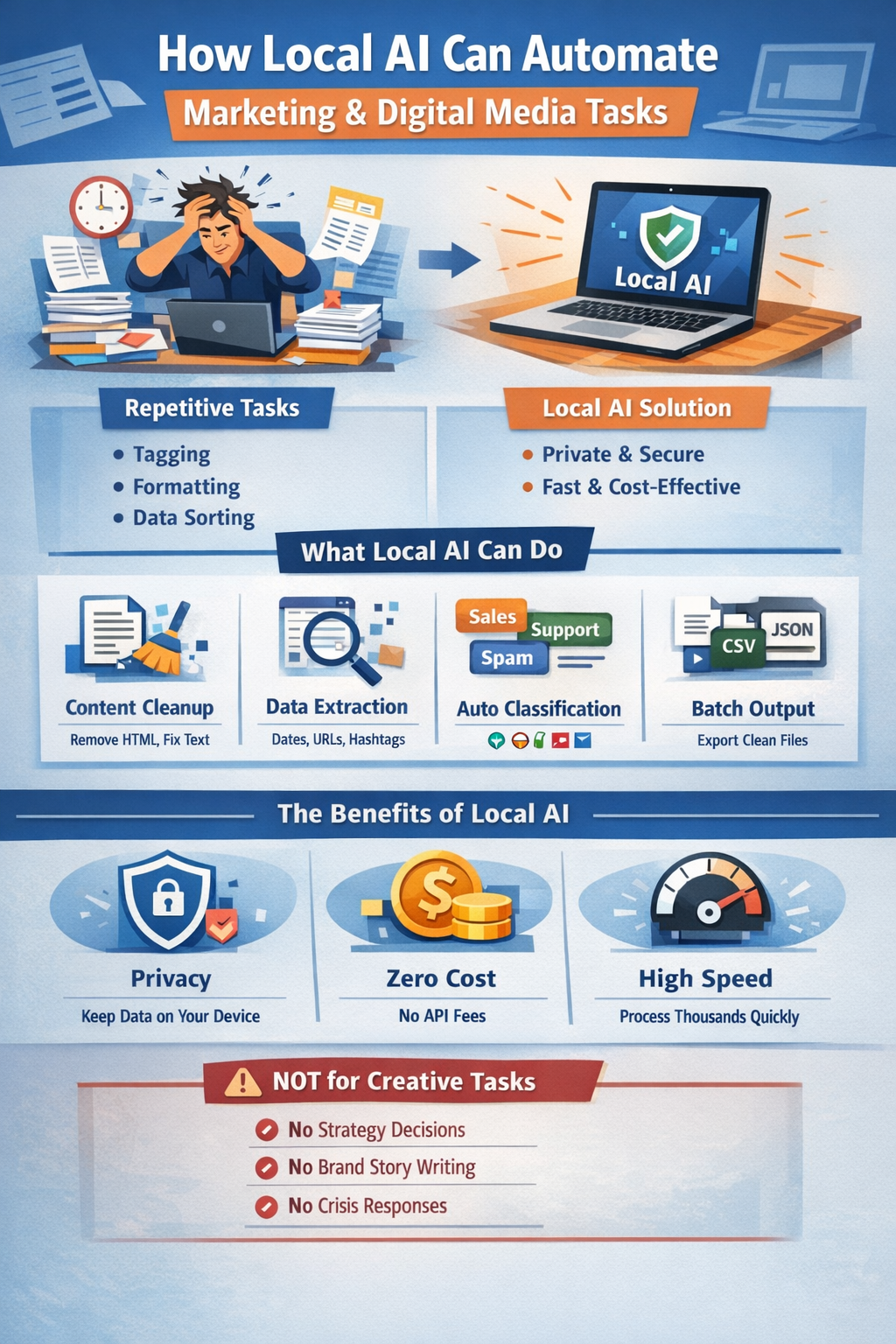 Local AI automating marketing and digital media tasks - content formatting, campaign tagging, and social media management workflow
